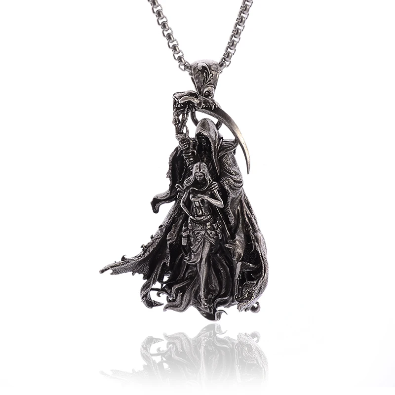 Vintage Ghost Reaper Skull Pendant Necklace Men\'s Fashion Goth Rock Accessories Street Hip Hop Charm Punk Rock Jewelry