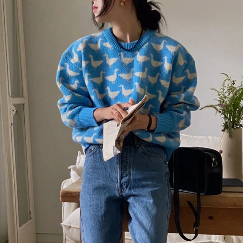 Suéter Chic de Cuello Redondo con Patrón de Patito para Mujer, Versátil, Estilizador, Otoño-Invierno, Nueva Llegada, Cómodo, ...