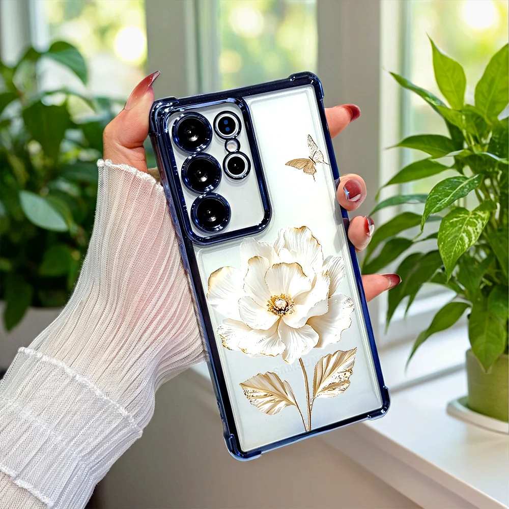 Gold Flower Butterfly Transparent Electroplated Shockproof Phone Case For Samsung Galaxy S26 S25 S24 S23 A10S A14 A33 A57 A73