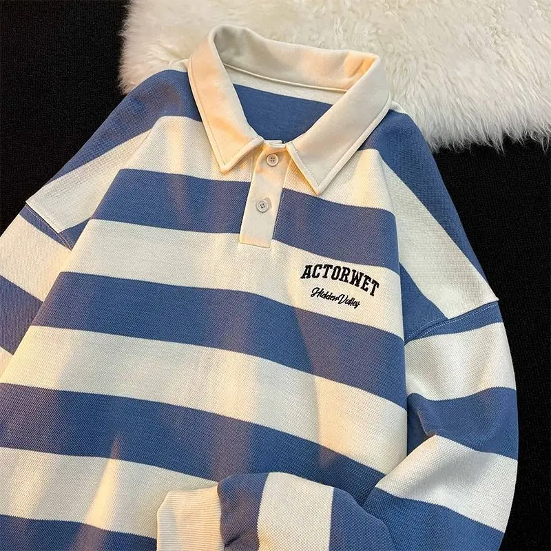 Striped Blue Japanese Retro Sweatshirt Women Hoodies Polo Collar Loose Tide Brand Couple Pullovers Spring Plus Size Casual Tops