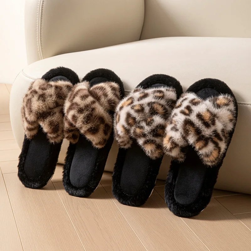 

Leopard Fluffy Women Slippers Home Plush Luxury Designer Slippers Girl Warm Autumn Winter Indoor Faux Fuzzy Fur Slides Non-Slip
