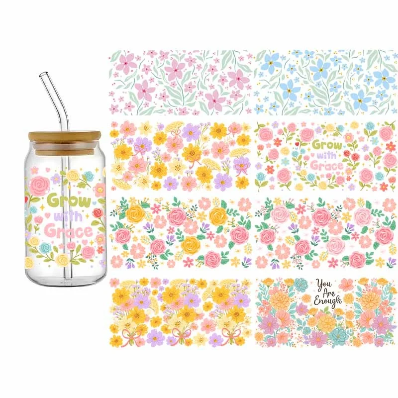 3D Flowers UV DTF Wraps Cup 16oz DIY Transfer Sticker Libbey Glass Mug Cup Hot Sale Waterproof Durable Decals Cartoon