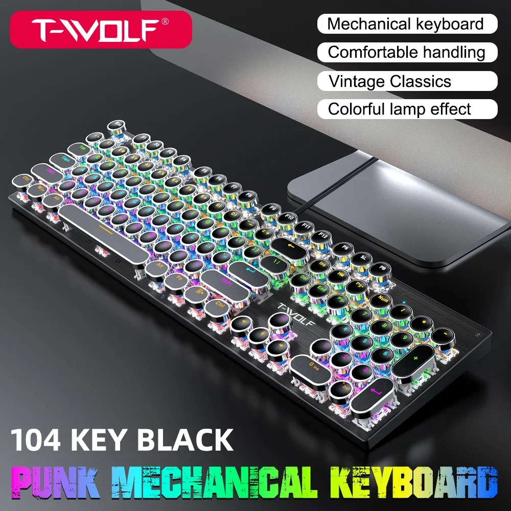 Typewriter Retro Punk VONN T75 Gaming Mechanical Keyboard USB Wired Colorful Light Round Cap 104 Keys Keyboard