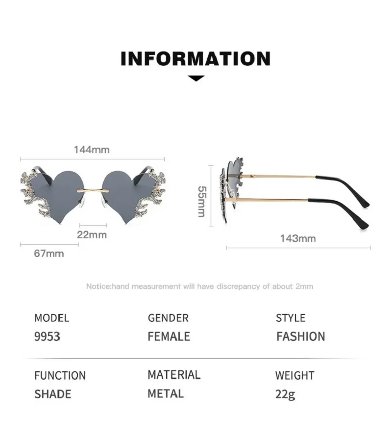 2024 Fashion Heart Shaped Sunglasses Luxury Diamond Funny Personality Rimless Sun Glasses Halloween Party Christmas Decoration