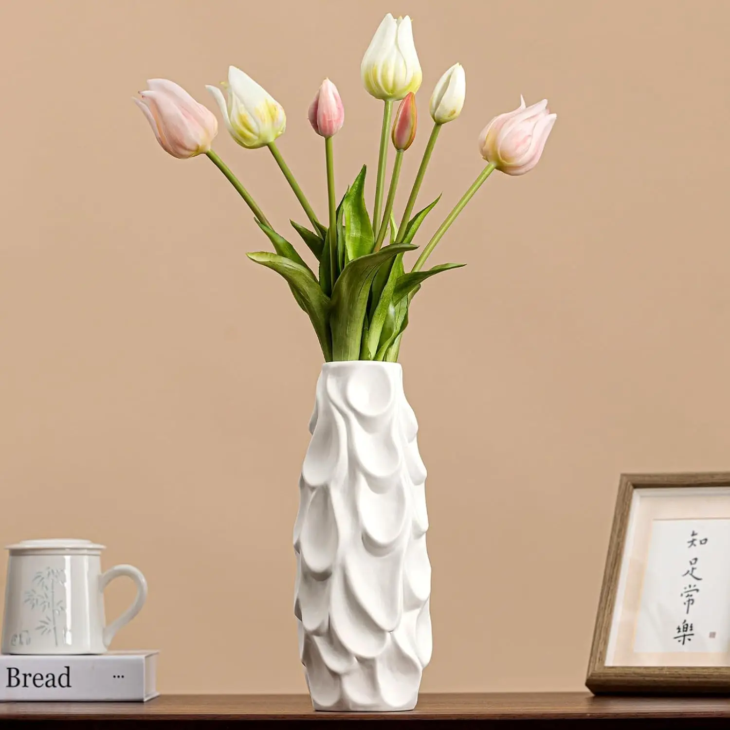 White Matte Ceramic Scalloped Vase Textured Design 10.5