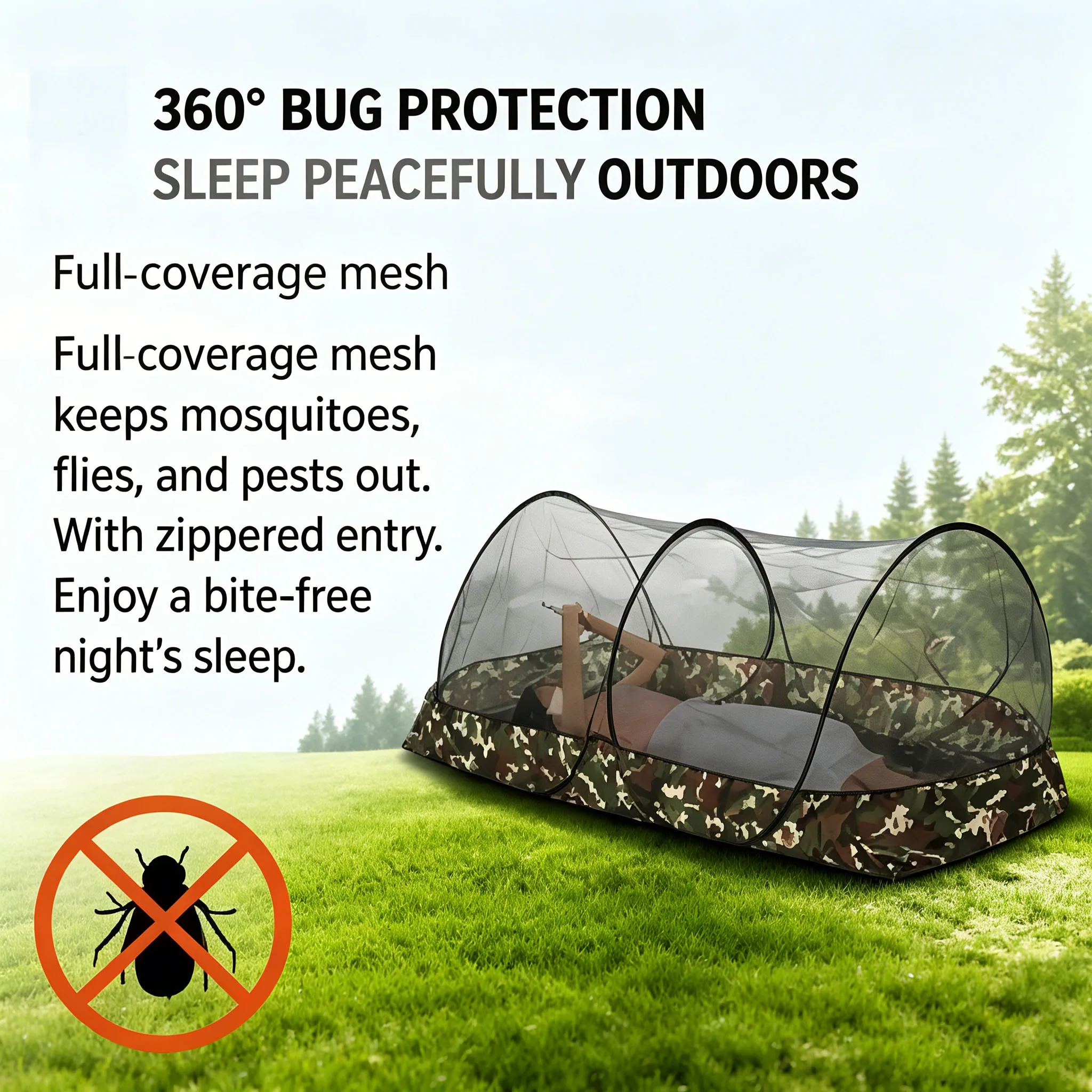 Pop-Up Camping Mosquito Net Tent Portable No Installatio with Camouflage Base for Travel Outdoor Use Full 360° Bug Protection