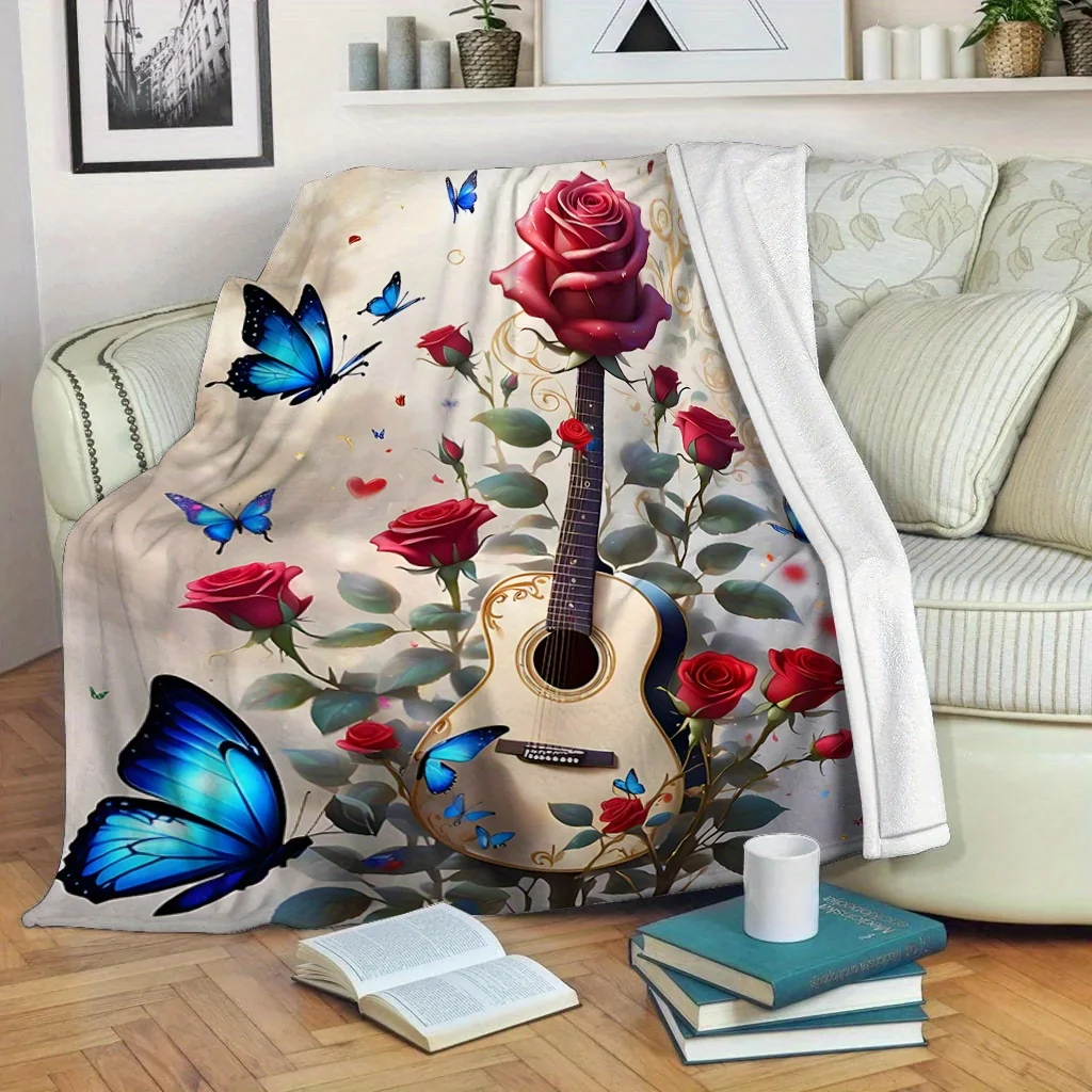 Ideal Gift: Comfortable and Warm Guitar, Butterfly, and Rose Pattern Flannel Blanket - Soft and Warm Polyester for All Seasons -