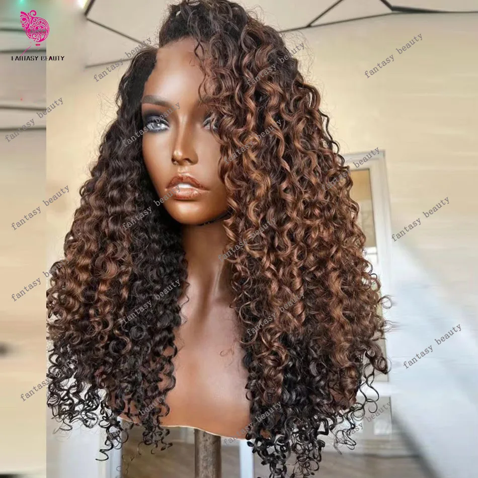 

Ombre Chocolate Brown Afro Kinky Curly V Part Wigs Unprocesse 100% Human Hair Highlights Blonde Water Wave U Shape Full End 250%