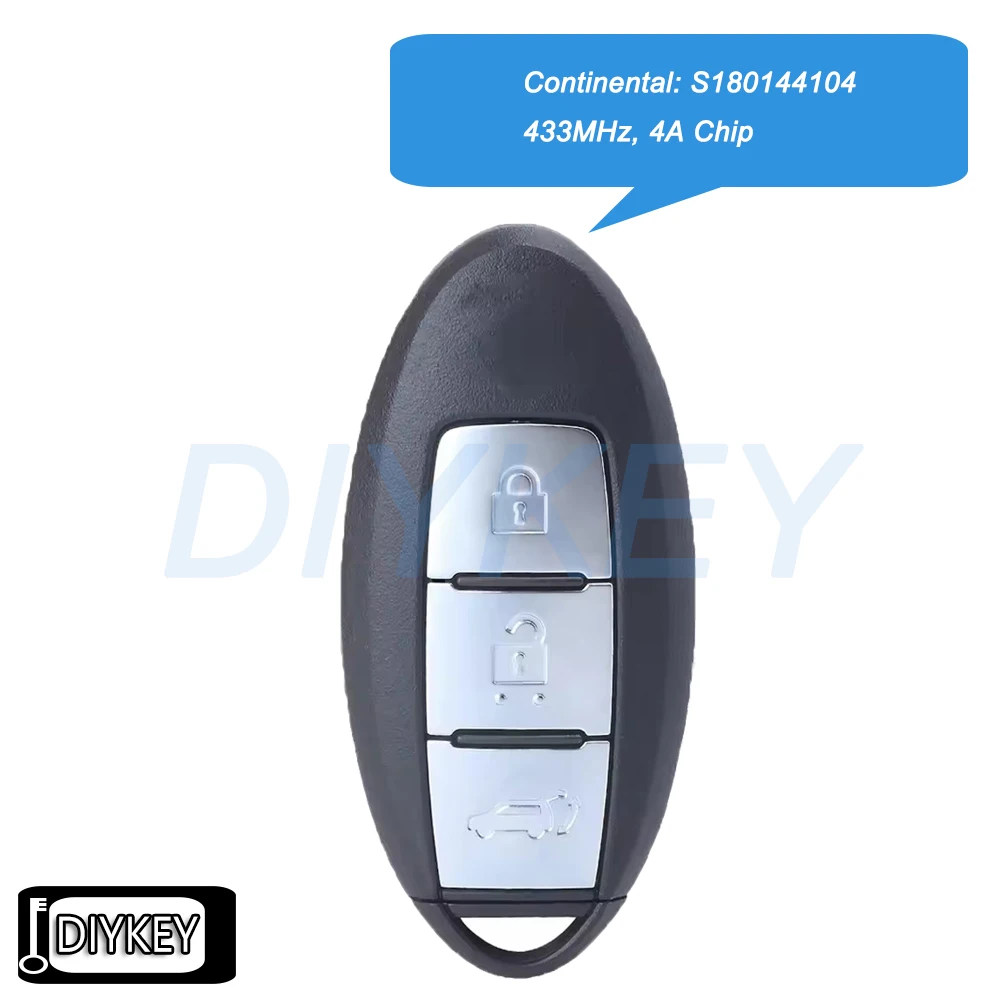 3 Buttons Smart Remote Car Key Fob 433MHz 4A Chip for Nissan X-Trail Qashqai 2014 2015 2016 2017 S180144104, P/N: 285E3-4CB5C