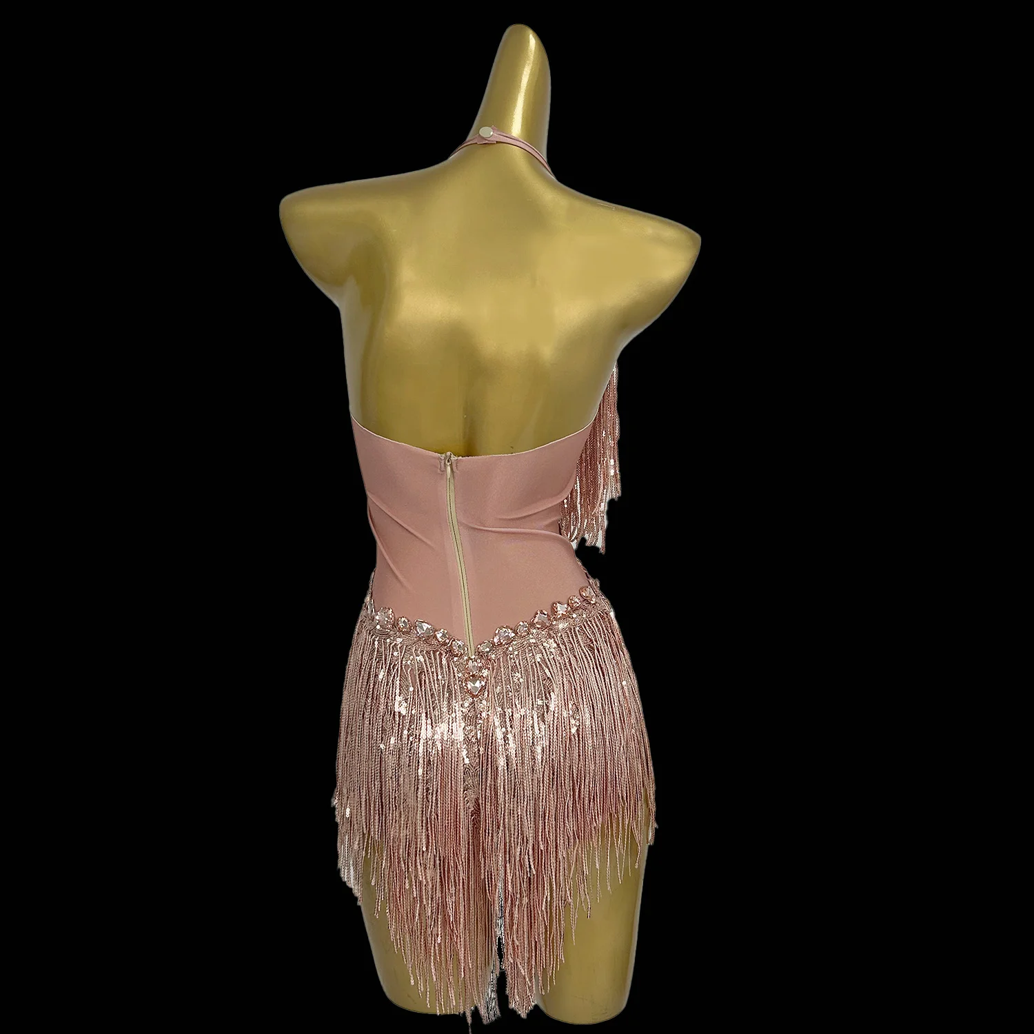 Gold Tassel Diamond Dress Latin Dance Costume Dance Performance Sexy Short Skirt Hanging Neck Exposed Back High Slit Pants