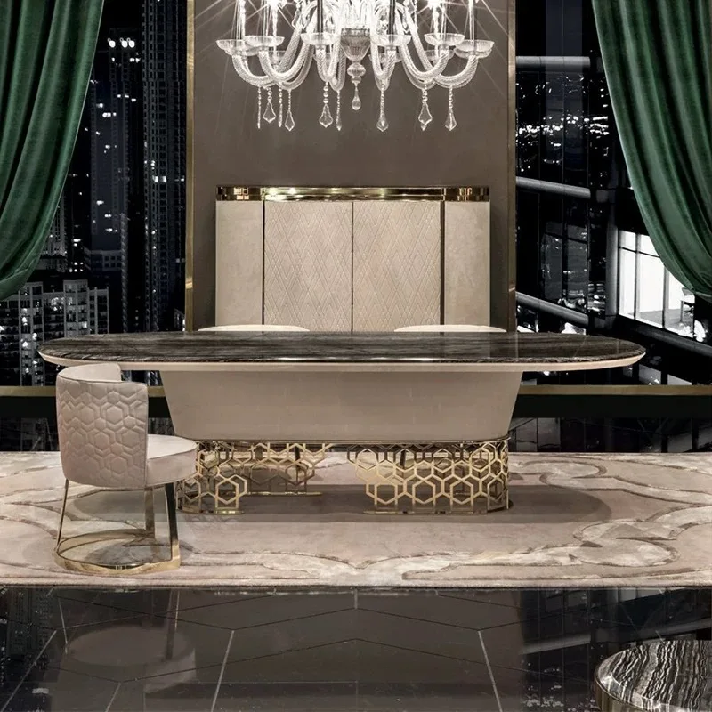 Natural marble semi-round dining table, platinum sand luxury stone rectangular Italian high-end dining table