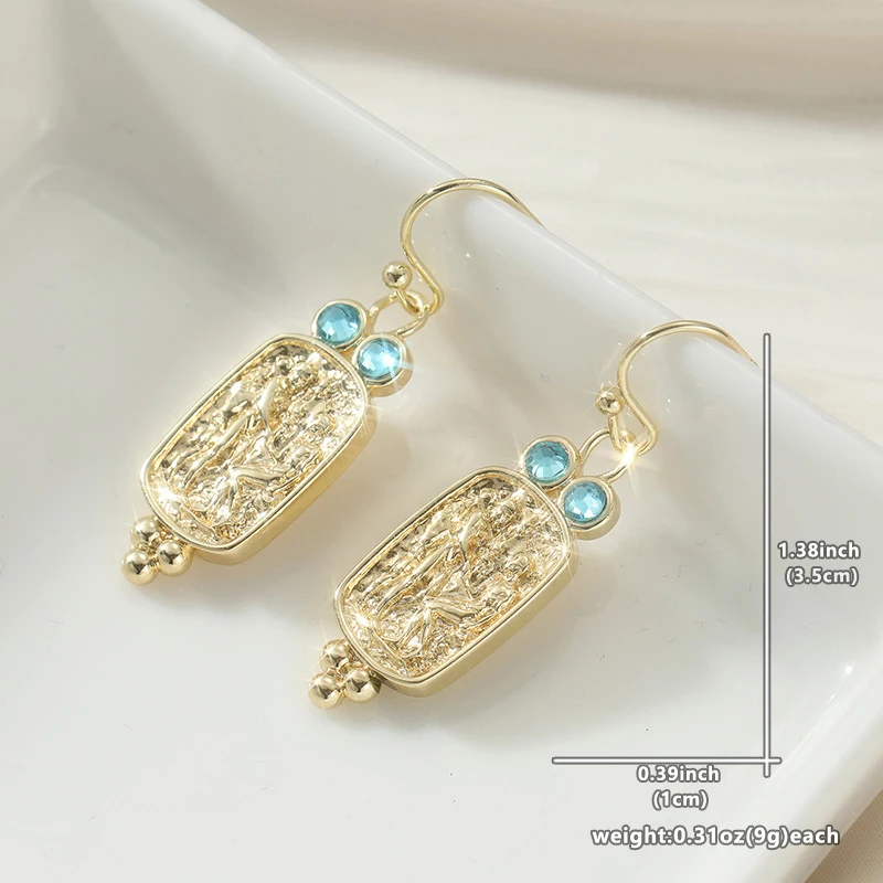 Vintage Inlaid Sea Blue CZ Dangle Women's Earrings Ethnic Gold Color Hand Carving Pattern Daily Wear Party Jewelry