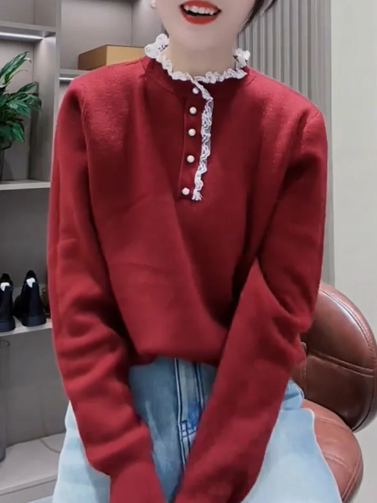 

Корейский модный вязаный топ с кружевными вставками, большие размеры, осенняя новинка, универсальный, с длинными рукавами, из смесовой ткани (кашемир)