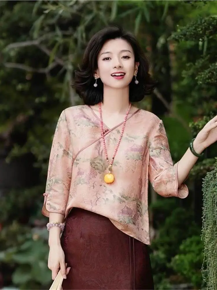 Elegant Thin New Chinese Style Shirt V-Neck Retro Elegant Atmosphere Cultural High End Slimming Effectiveness Fashion Top