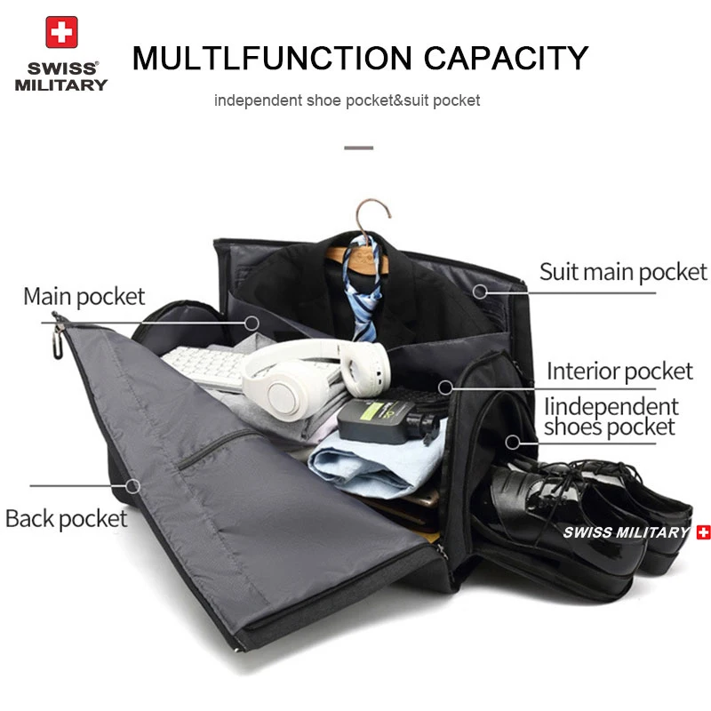 SWISS MILITARY Men's Business Garment Bags Foldable Travel Bag for Suit with Shoes Compartment Gym Bag Shoulder Bags Handbag