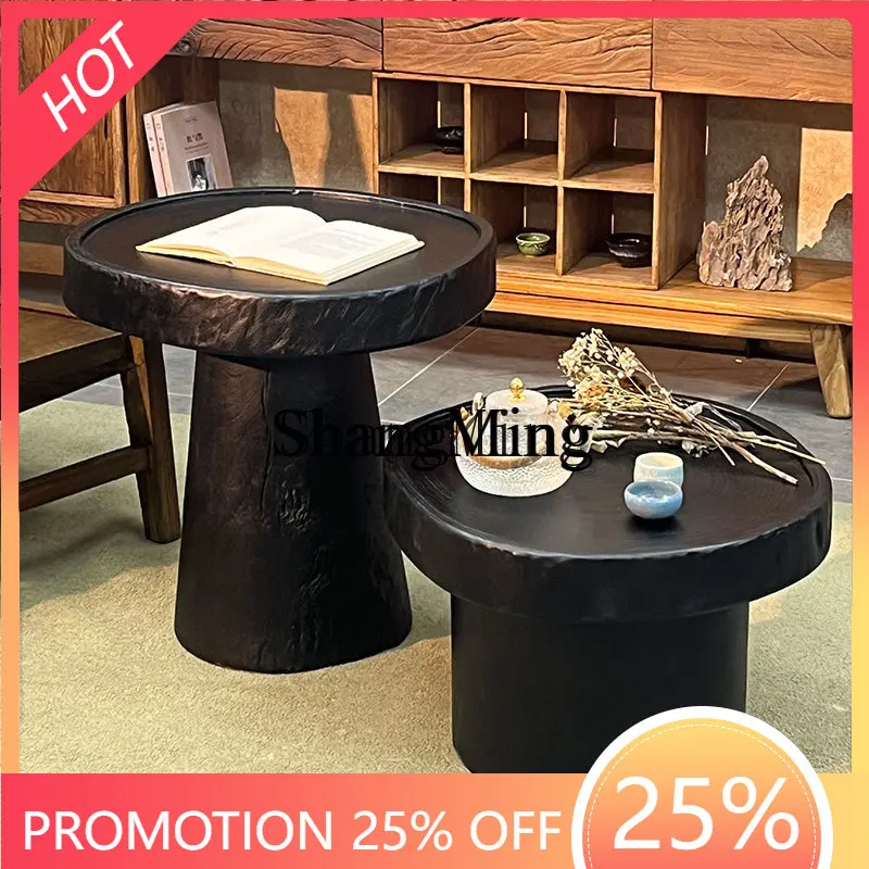 

FG wabi-sabi wind solid wood small coffee table living room household round side table high and low combination