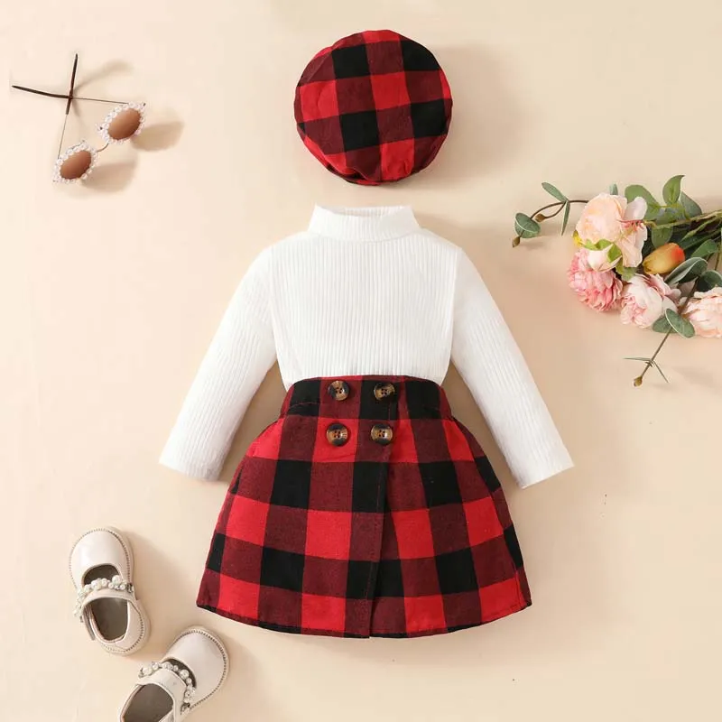 

1-3Y Infant Toddler Girl 3-Piece Costume Set Fashion Pit Stripe Long Sleeve Turtleneck Top Plaid Skirts Hat Baby Girl Clothes