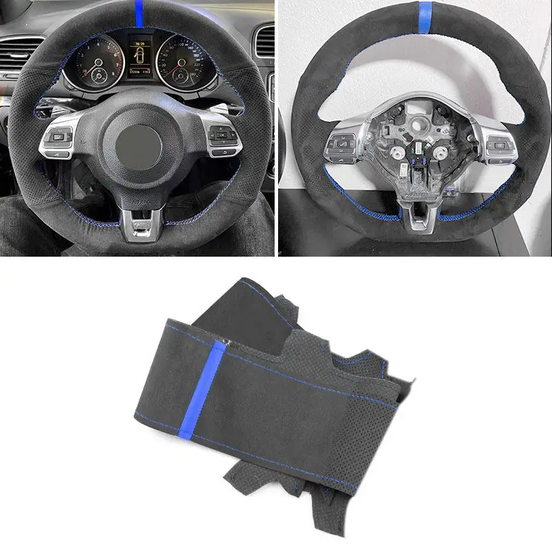 

Для VW Golf 6 VI GTI MK6 2009-2014 Polo Scirocco Passat CC Tiguan R-Line Автомобильный руль Замшевый кожаный чехол Blue Line Bar