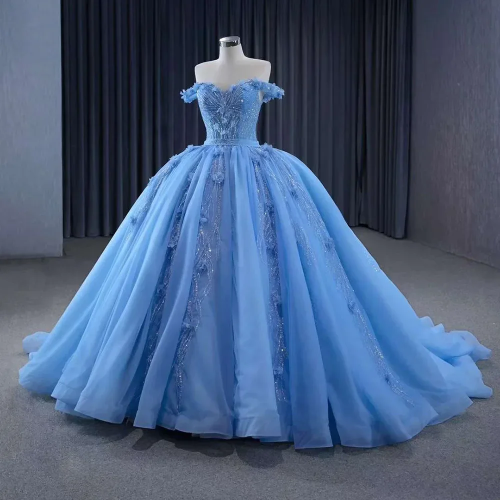 

Exquisite Beads Sequined Prom Dresses Blue Off The Shoulder Flowers Draped Ball Gowns Sweep Train Luxury Party Evening Dresses