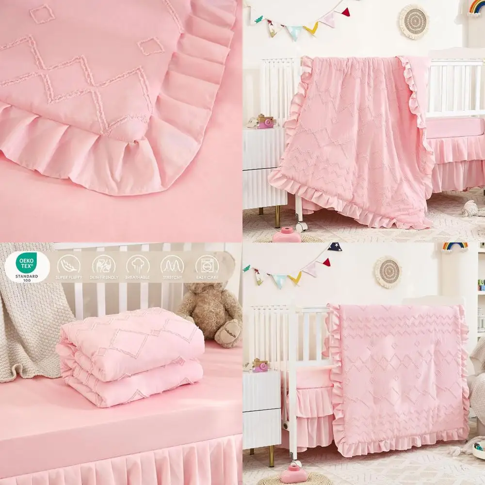 

Girls' Light Pink 3-Piece Tufted Ruffle Crib Bedding Set: Soft Boho Comforter, Sheet, and Skirt