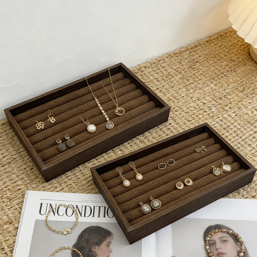 Two Trays for Jewelry, with Walnut Wood Grain Pattern, Suitable for Storing Rings and Earrings, as Well as a Display Stand for Jewelry