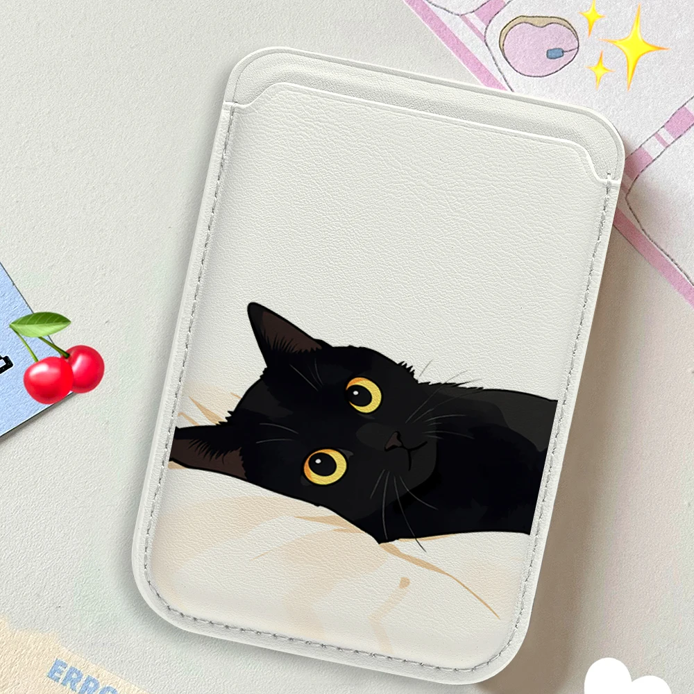 Schwarze Katzen-Leder-Kartenhülle für das Handy, geeignet für alle iPhone-Hüllen, Magsafe magnetische Kartenhalterung, einfache Handy-Rückentasche – Detail 3