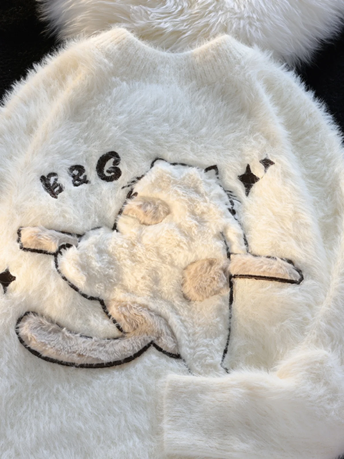 

Thiened Woolen Knitted Sweater for Women Autumn Winter High School Girls Fufu Sle Faux Fur Lined Sweet Sle Loose Fit