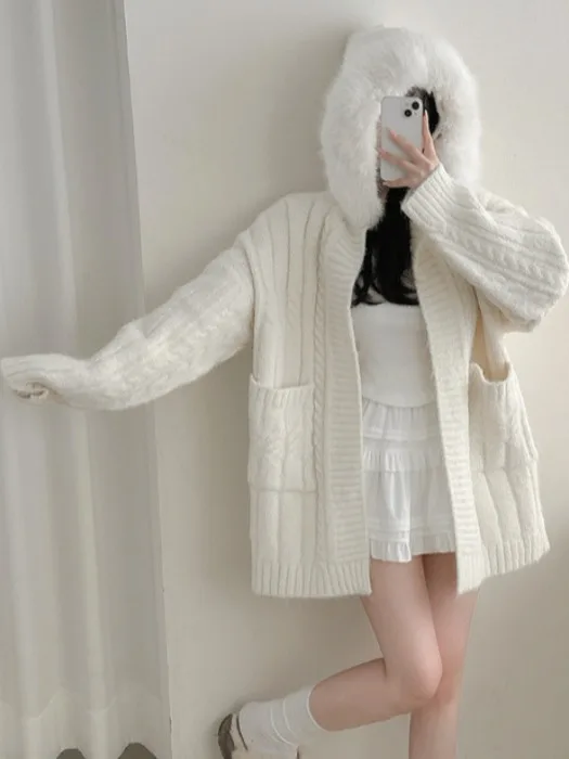 Koreaanse Sle Zacht Open Vest Vrouwen Herfst Winter Nieuwe Grote Bontkraag Lange Sve Gebreide Losse Halflange top