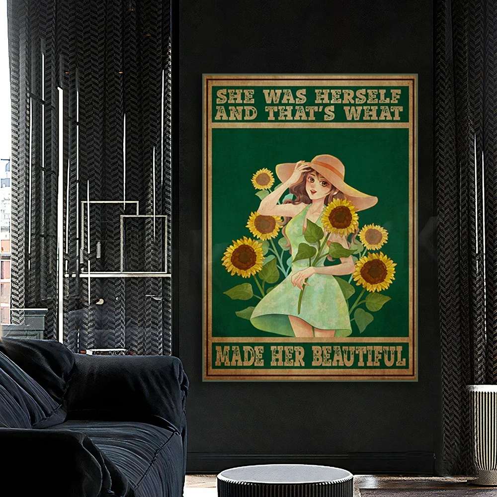 

She Was Herself And What Made Her Beautiful - Teens Girls Inspirational Wall Art Positive Quotes Home Decor Vintage Girl Artwork