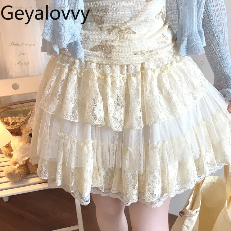 

Lace Gently Layered Fluffy Mesh Cake Short Skirt Summer New Sweet Cute Girls Lotus Leaf Printed Elastic Waist Mini Skirts