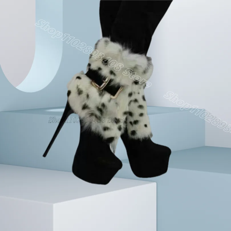 

Black Fur Decor Platform Boots Round Toe Flock New Fashion Design for Women Stiletto Party Short Boots 2025 Zapatos Para Mujere