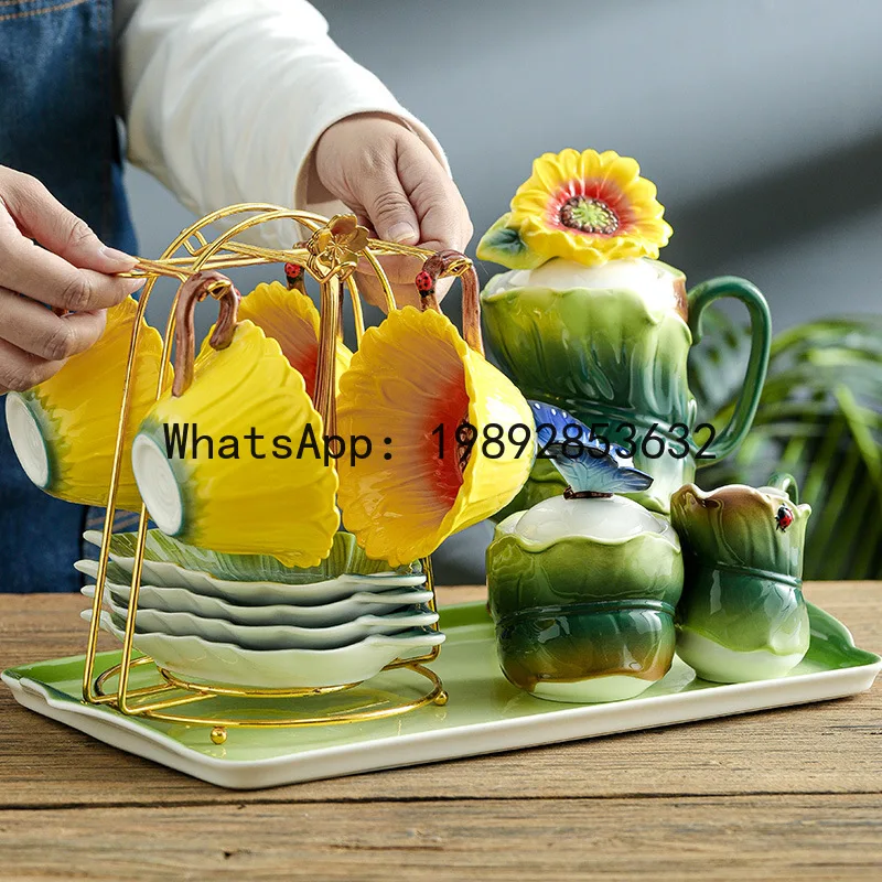 Ceramic Tea Set Sunflower Coffee Cup Teapot Embossed Flowers Afternoon Tea Accessories Leaf Saucer Flower Mug Ceramic Mug