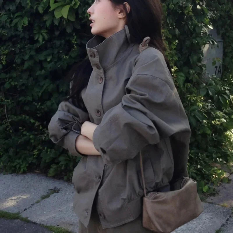Y2K Korean Style Women Mid Length Trench Coat Autumn Stand Collar Breasted Vintage Grey Outerwear For Convention Streetwear New