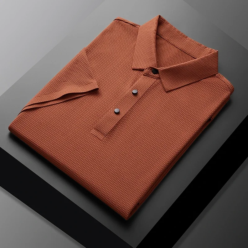 Men's Short sleeved Ice Cream Silk Polo Shirt Thin Breathable Anti Wrinkle Solid Color T-shirt