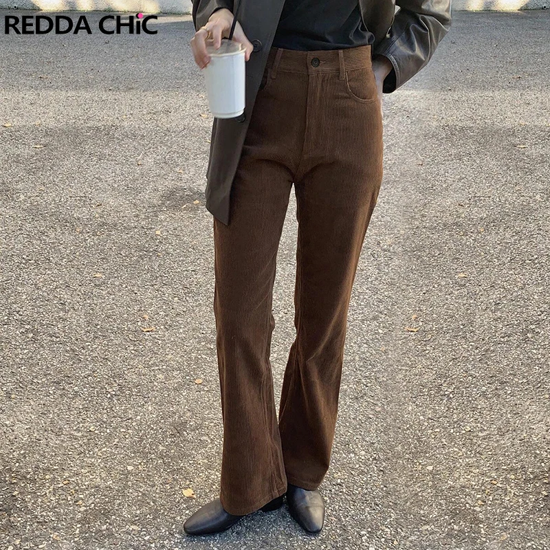 ReddaChic Casual Solid Brown Corduroy Pants Women High Waist Bootcut Stretch Slim Fit Trousers Autumn Winter Vintage Clothes