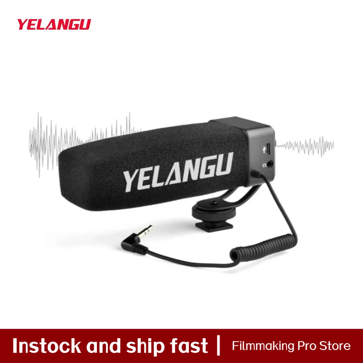 YELANGU Professional On-Camera Interview Microphone 3-level Gain 3.5mm Audio Plug for DSLR Camera VLOG Stereo Pointing Microfone