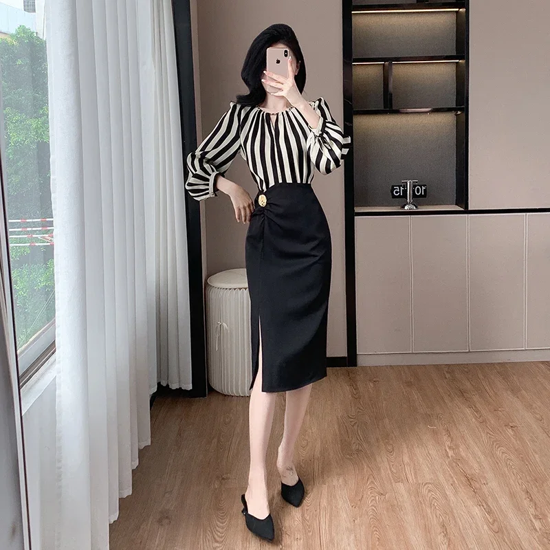 Elegant Striped Long-sleeved Slim Long Pencil Dress Formal Party Office Lady Work
