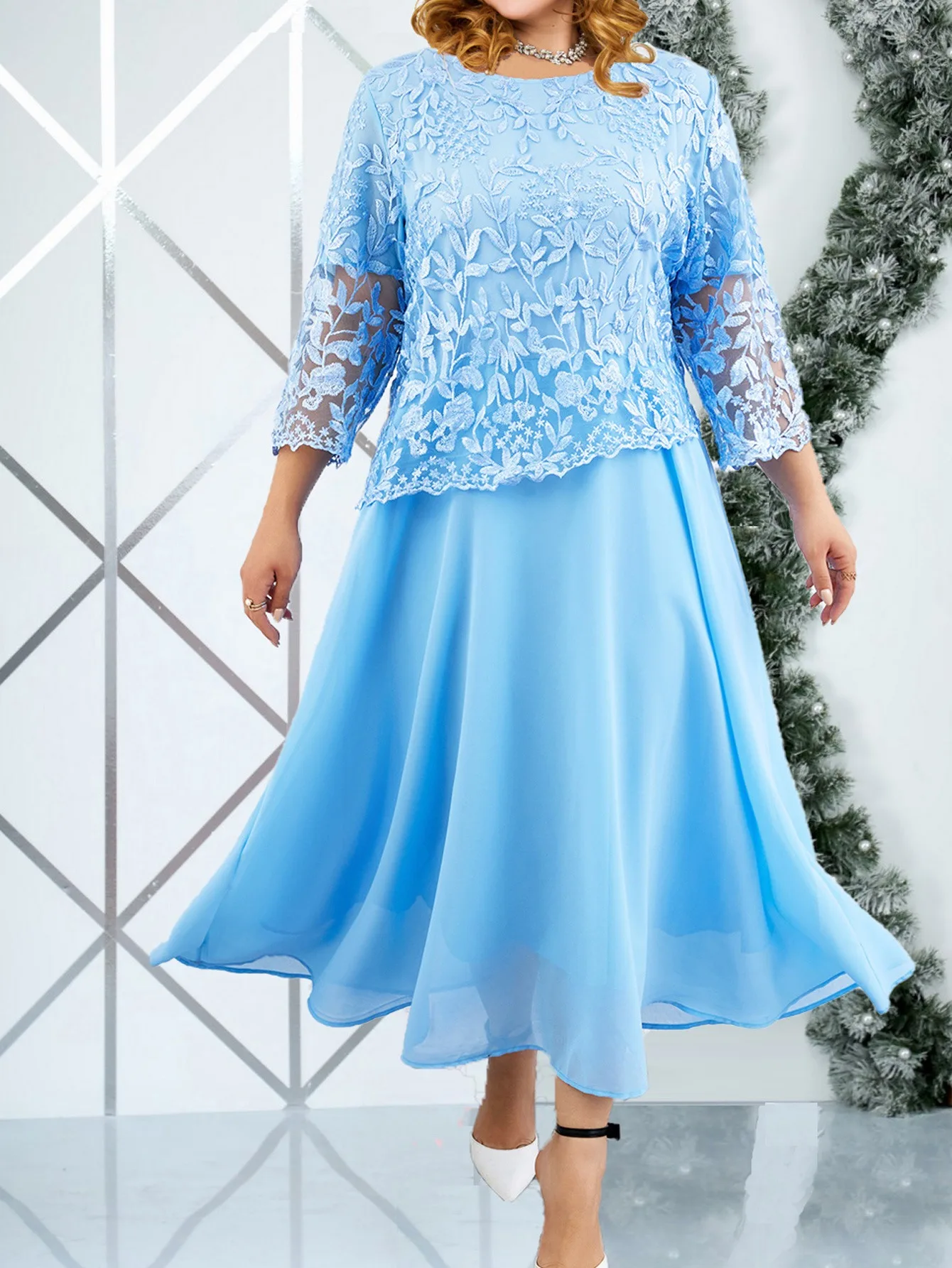 Vestido holgado de talla grande para mujer, ropa elegante de encaje con cuello redondo, manga larga, cintura alta, para fiesta