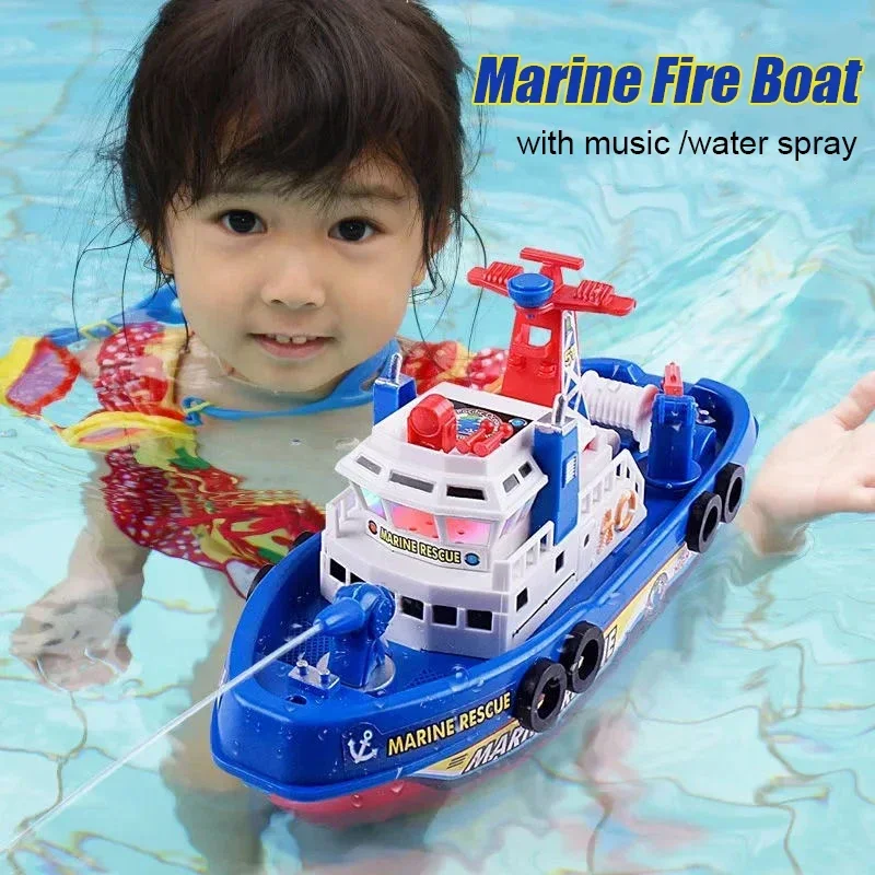 Baby Electric Marine Rescue Boat Toy Fire-fighting Boat Speedboat Toy with Light and Sound Light Up Toys for Kids Swimming