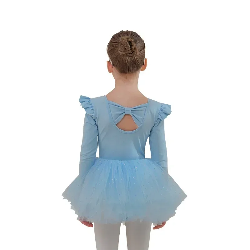 Long Sleeved Pure Cotton Blue Girls\' Training Clothes Preschool Ballet Skirt Grading Training Dresses Children\'s Dance Clothes