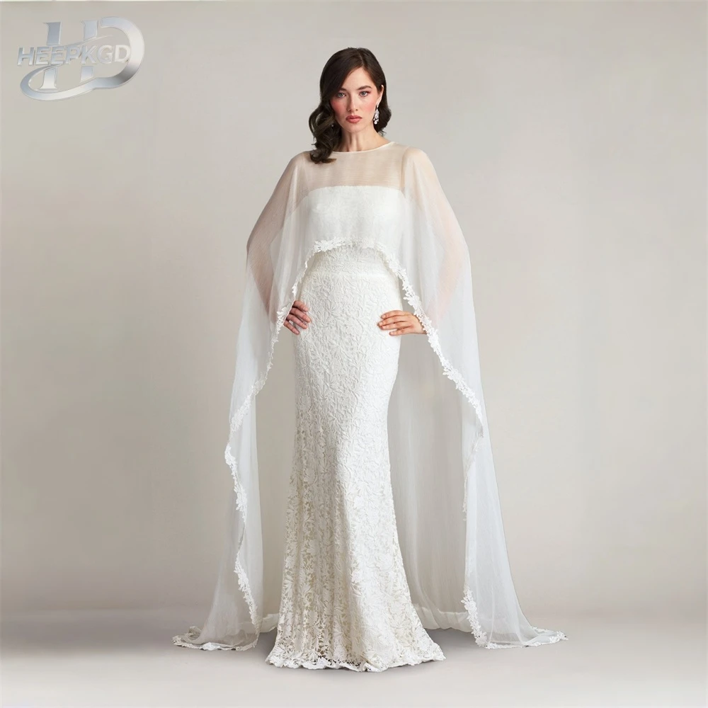 

Graceful Mermaid Long Lace Wedding Dress With Cloak Floor Length Sleeveless Simple Wedding Gowns For Bride Custom Made