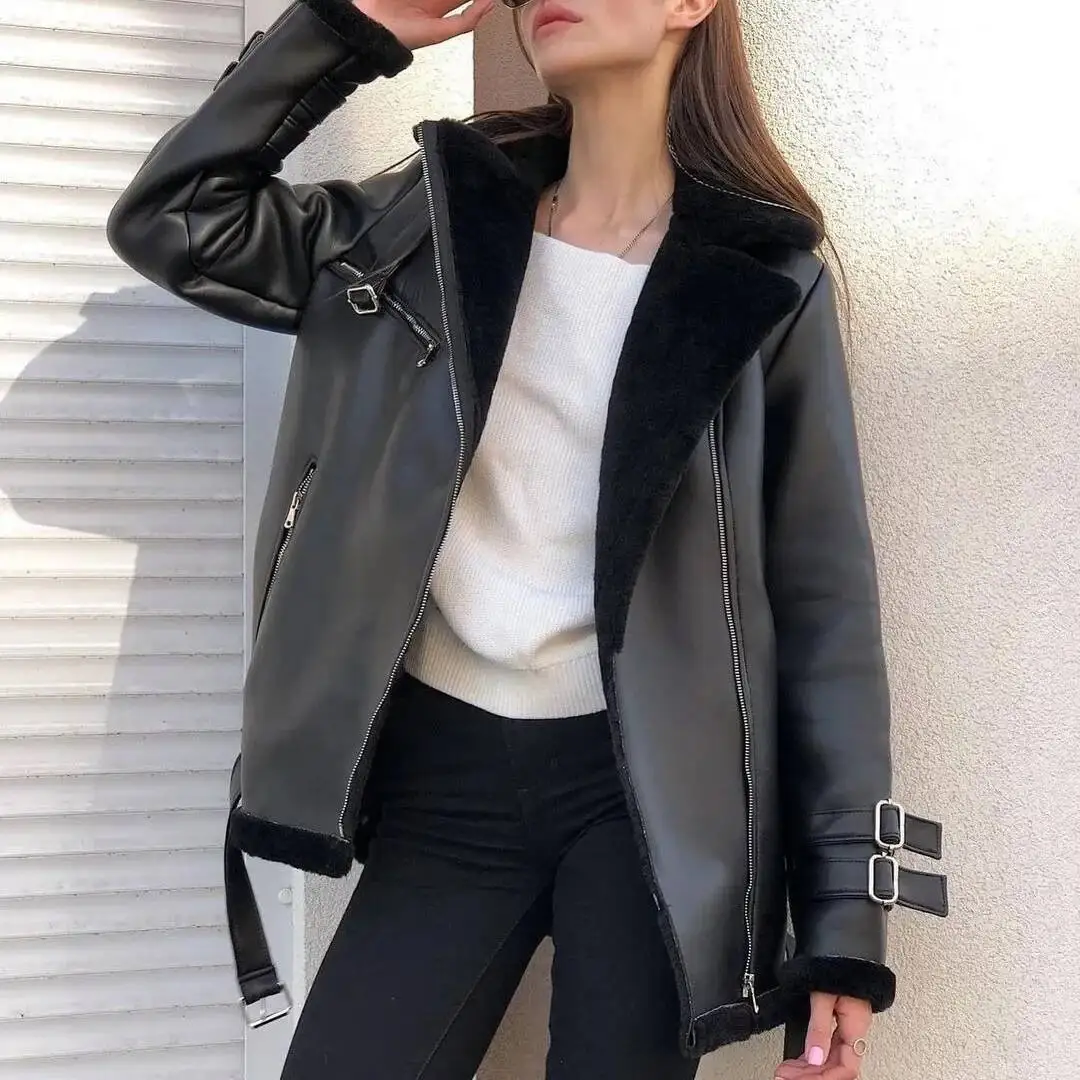 Autumn And Winter New Suede Lapel Zipper Cardigan Fashion Women's Long Sleeve Solid Color Coat Women