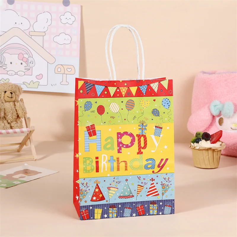 StoBag 24pcs Wholesale Happy Birthday Kraft paper Gift Tote Bags Kids Child Handbag Packaging for Candy Snack Pouch Party Favor