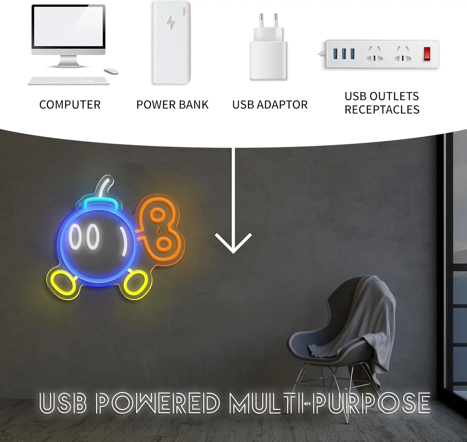USB Dimmable Cartoon Bomb Neon Sign Funny Character LED Light for Bedroom Game Room Bar Decor Cool Bomb Shape Mood Lighting Gift