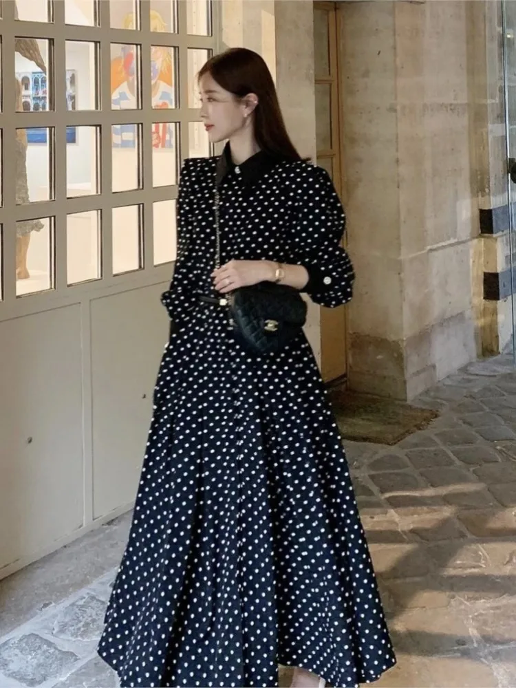 Spring Shirts Midi Dress Women Polka Dot Print Fashion Ladies Dresses Ruffle Pleated Korean Style Loose Long Sleeve Woman Dress