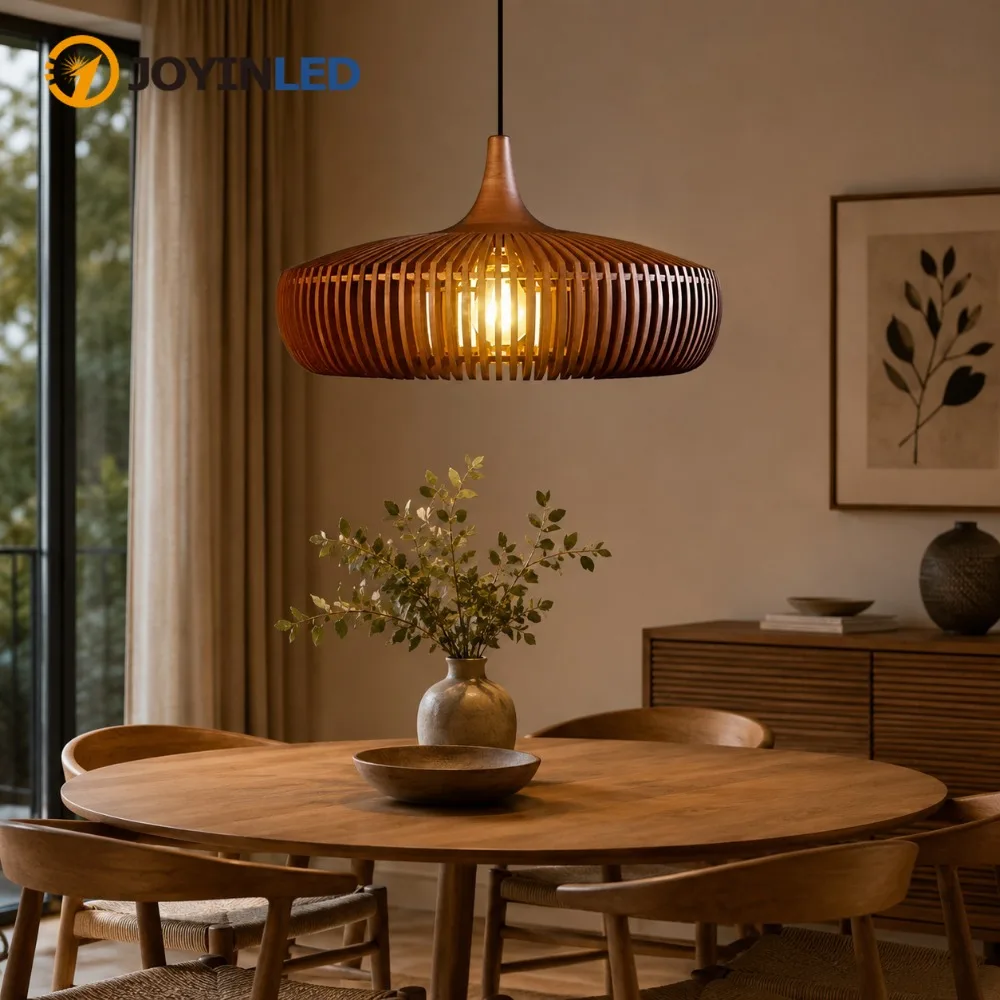 JOYINLED Nordic Wood Pendant Light Danish Walnut Chandelier Modern Birdcage Hanging Lamp for Dining Room Kitchen Island 43CM