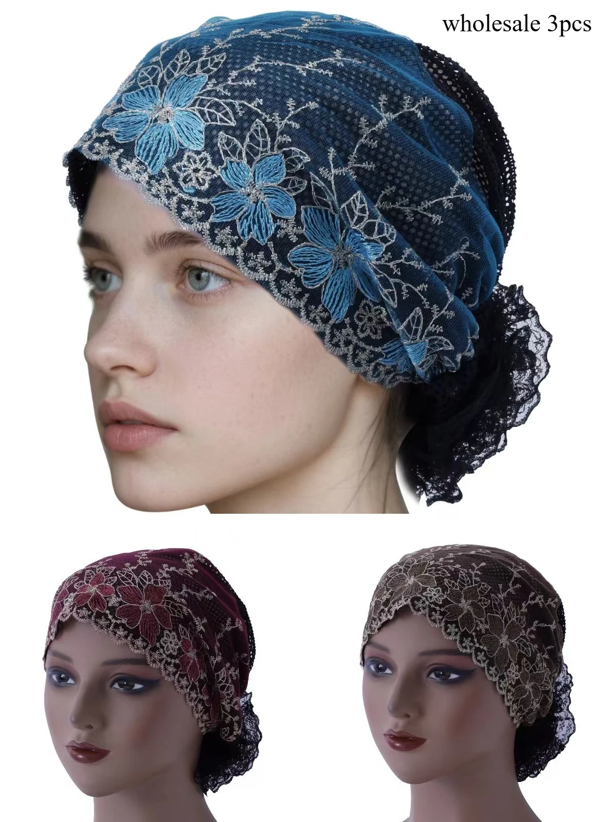 

Wholesale 3pcs Muslim Hijabs for Women Double Layer Mesh Fabric Embroidered Hats Prayer Head Wrap Embroidery Ethnic Caps Fashion