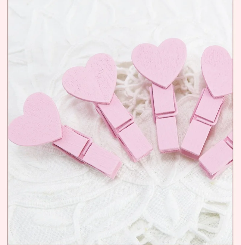 50pcs Heart Pink Blue Wooden Photo Clips Memo Paper Peg Clothespin Stationery Clips Office Party Decoration Accessories 35*7mm