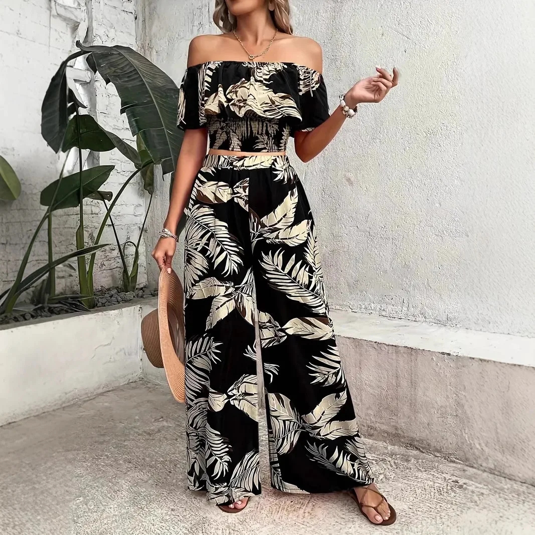 

Women's Printed Off Shoulder Top And Wide Leg Pants Set Summer Off Shoulder One Neck Fashionable Printed T-shirt And Pants Set