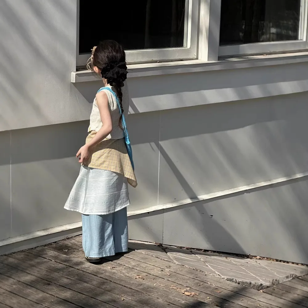 Girls Pants 2026 Summer New Children Korean Casual Pants Spliced and Layered Niche Fart Curtain Pants